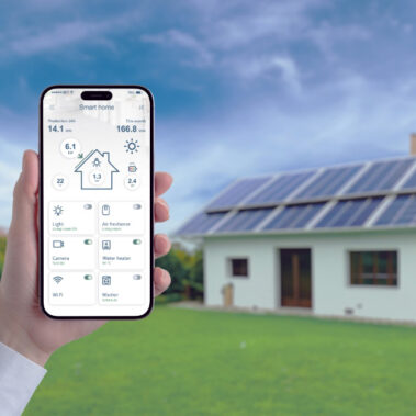 Una mano con smartphone e casa con pannelli fotovoltaici nello sfondo