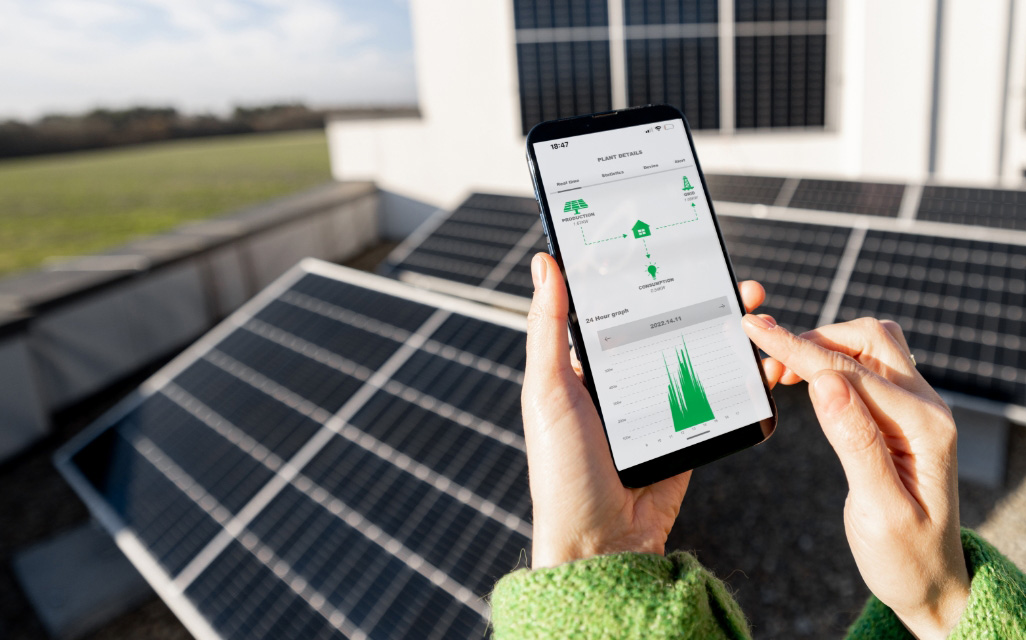 Tonon_Impianti_Fotovoltaico_Tipologie Due mani con smartphone e pannelli fotovoltaici nello sfondo