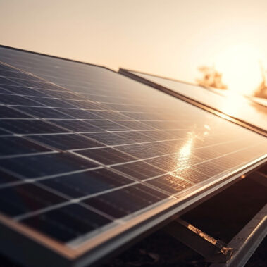 Pannelli fotovoltaici con sole al tramonto